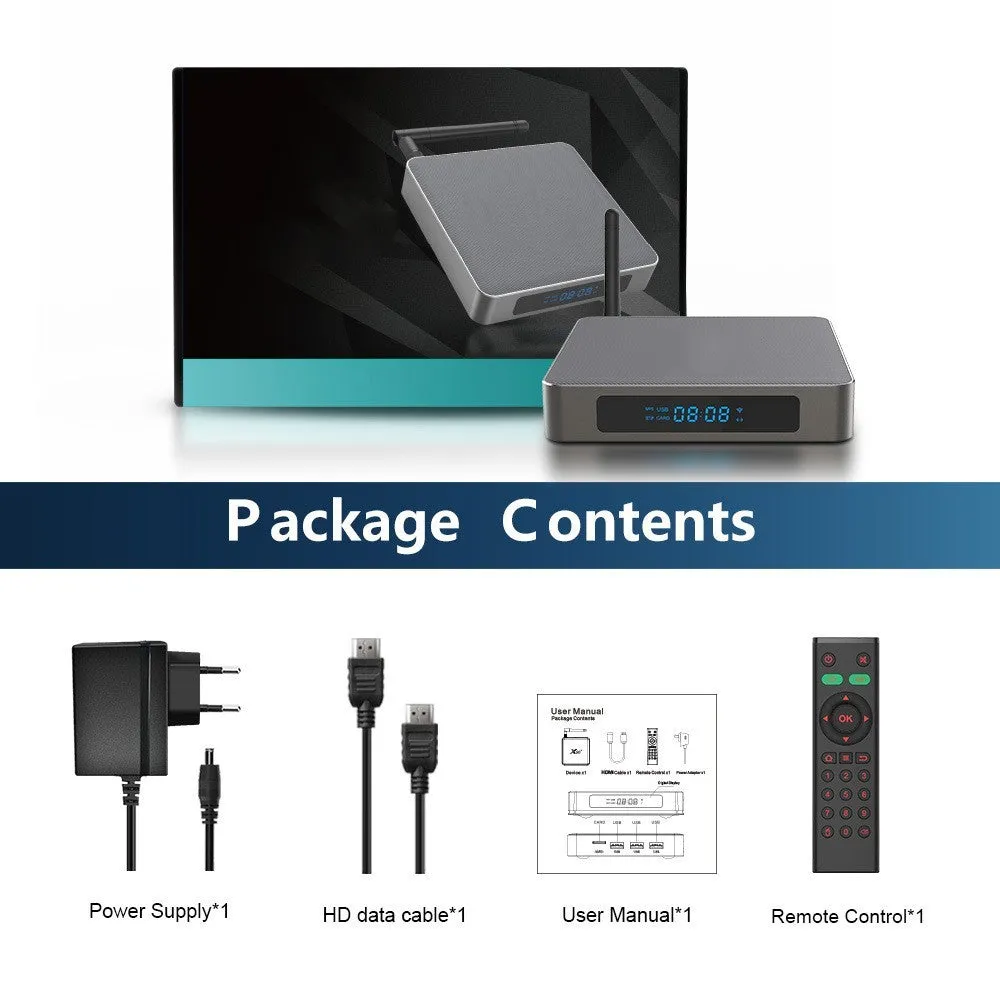 Black Android TV set-top box with HDMI port and remote control on a wooden surface.