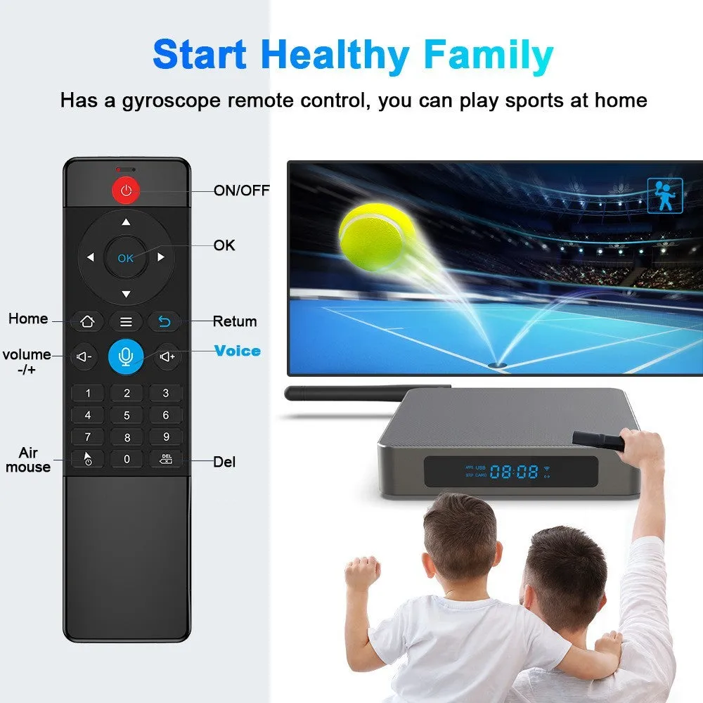 Black Android TV set-top box with HDMI port and remote control on a wooden surface.