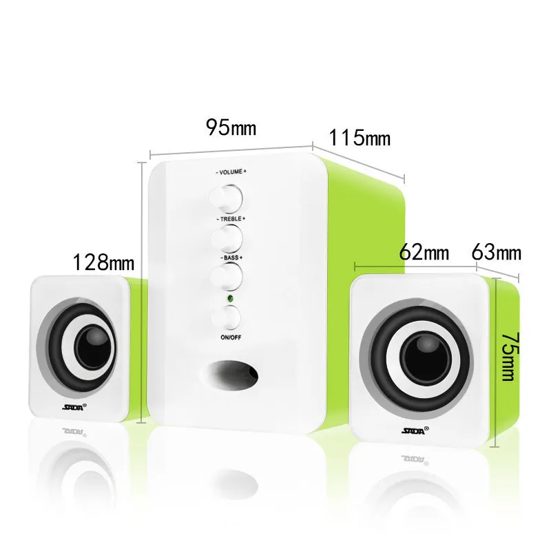 Set of three plastic computer speakers in black: one main unit and two satellite speakers with 3.5mm audio and USB cables