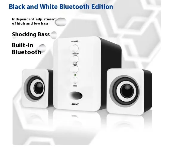 Set of three plastic computer speakers in black: one main unit and two satellite speakers with 3.5mm audio and USB cables