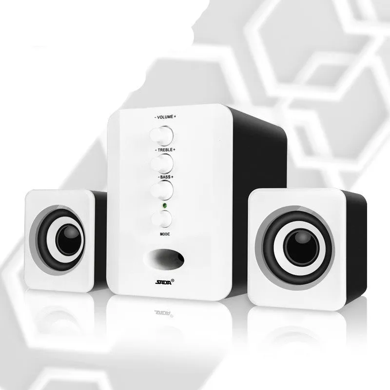 Set of three plastic computer speakers in black: one main unit and two satellite speakers with 3.5mm audio and USB cables