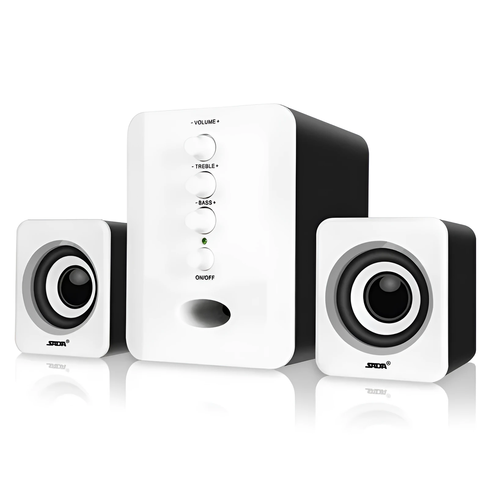Set of three plastic computer speakers in black: one main unit and two satellite speakers with 3.5mm audio and USB cables