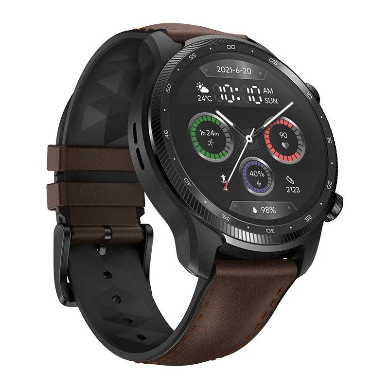 Black Ticwatch Pro X smartwatch on wrist showing time and heart rate on its dual-layer display.