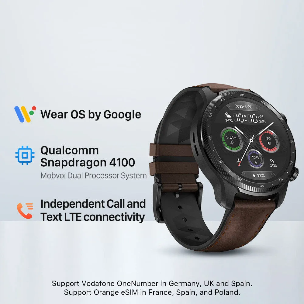 Black Ticwatch Pro X smartwatch on wrist showing time and heart rate on its dual-layer display.