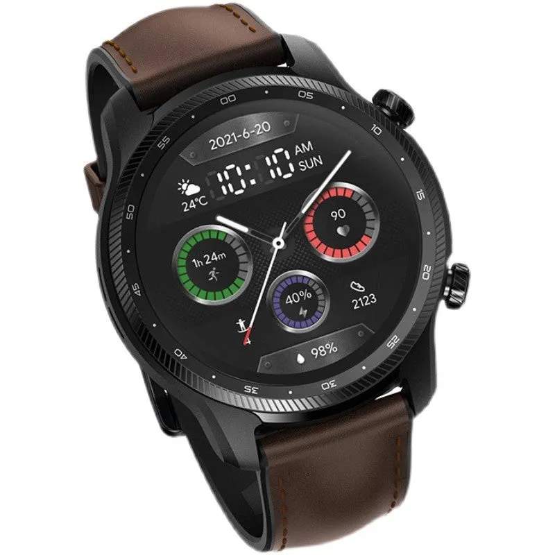 Black Ticwatch Pro X smartwatch on wrist showing time and heart rate on its dual-layer display.