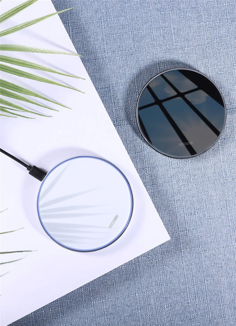 10W mirror wireless charger fast charge pad black colour box 101x101x6.8mm tempered glass surface