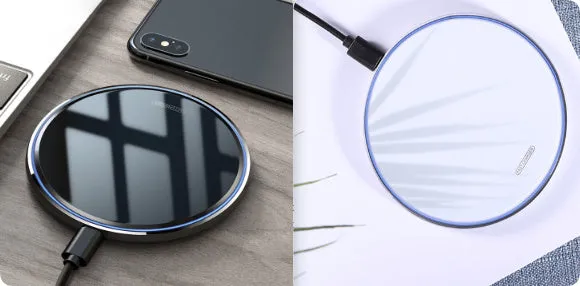 10W mirror wireless charger fast charge pad black colour box 101x101x6.8mm tempered glass surface