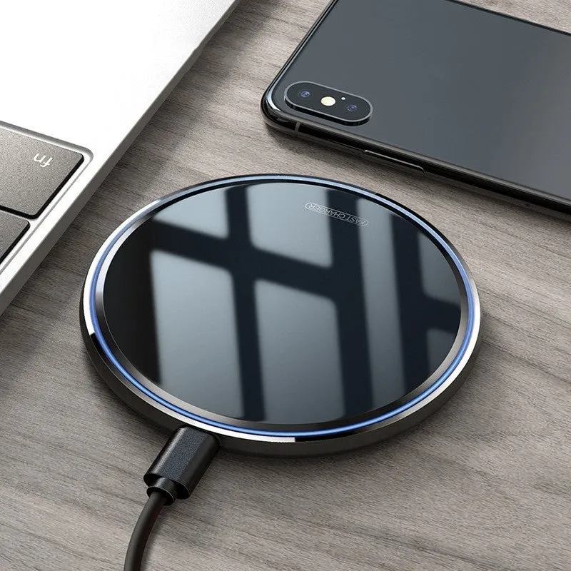 10W mirror wireless charger fast charge pad black colour box 101x101x6.8mm tempered glass surface