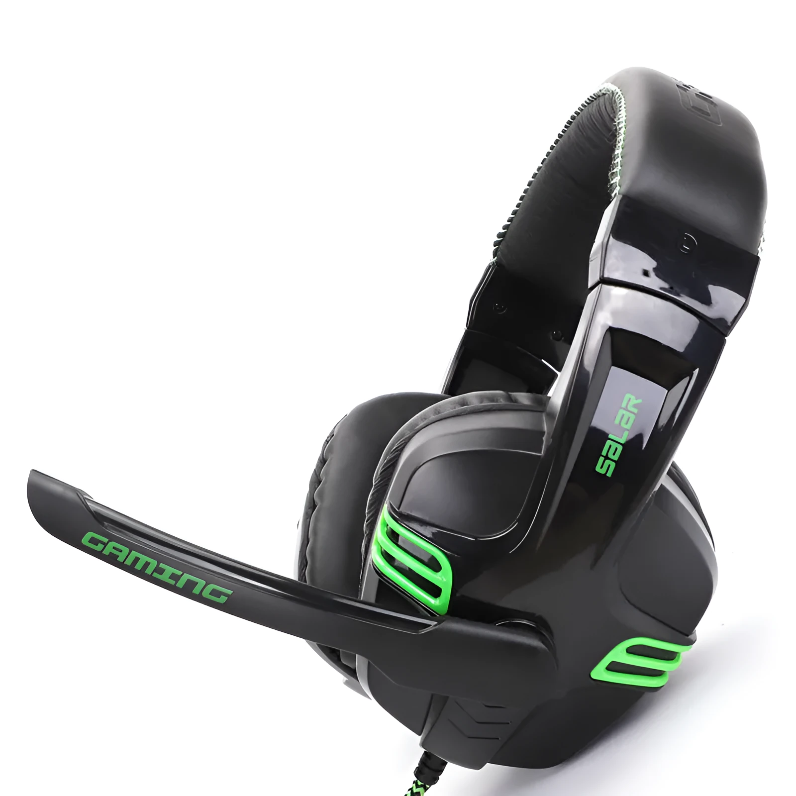Black wired gaming headset with microphone placed on a desk, 3.5mm plug visible