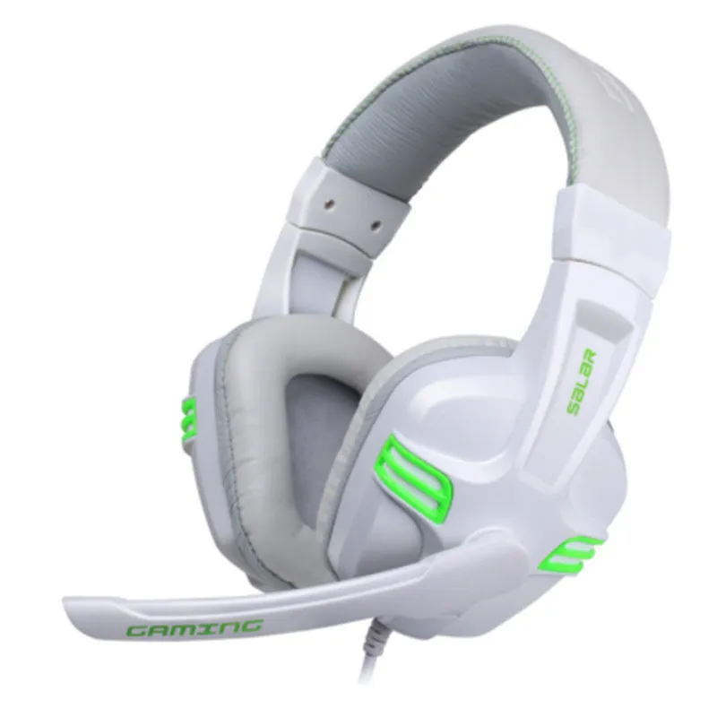 Black wired gaming headset with microphone placed on a desk, 3.5mm plug visible