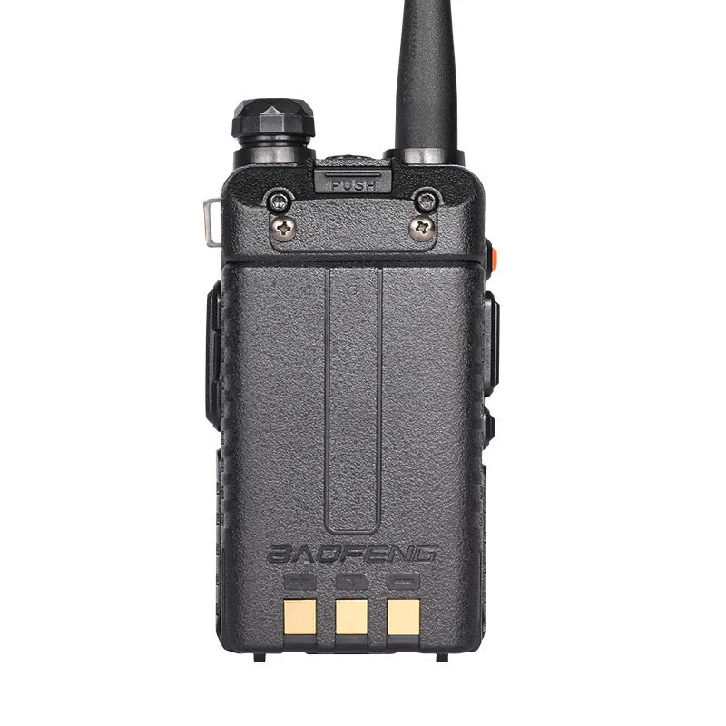 Black professional walkie talkie with LCD display, showing 128 channels and dual VHF/UHF frequency bands.