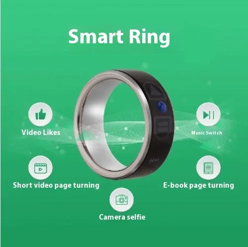 Smart Bluetooth ring wearable device in black, compatible with iPhone and Android, with page turning and music control features