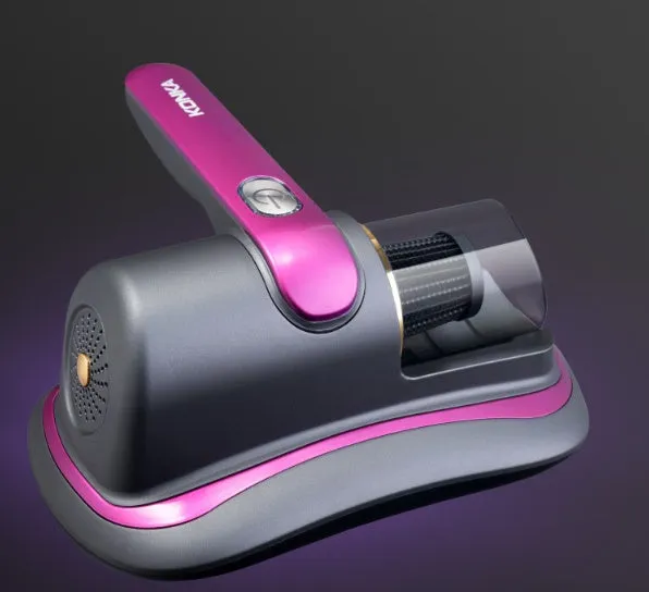 Blue home mite removal instrument with UV sterilization and wireless vacuum cleaner on a bed
