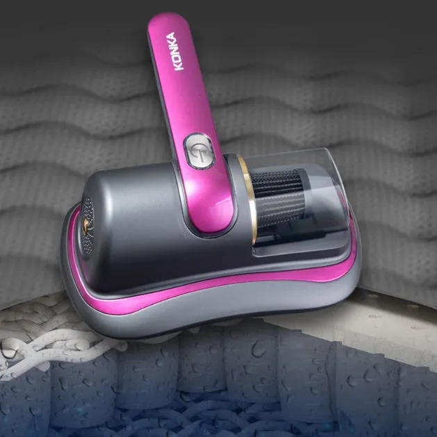 Blue home mite removal instrument with UV sterilization and wireless vacuum cleaner on a bed