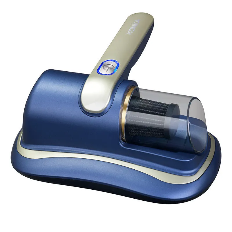 Blue home mite removal instrument with UV sterilization and wireless vacuum cleaner on a bed