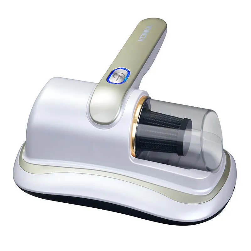 Blue home mite removal instrument with UV sterilization and wireless vacuum cleaner on a bed