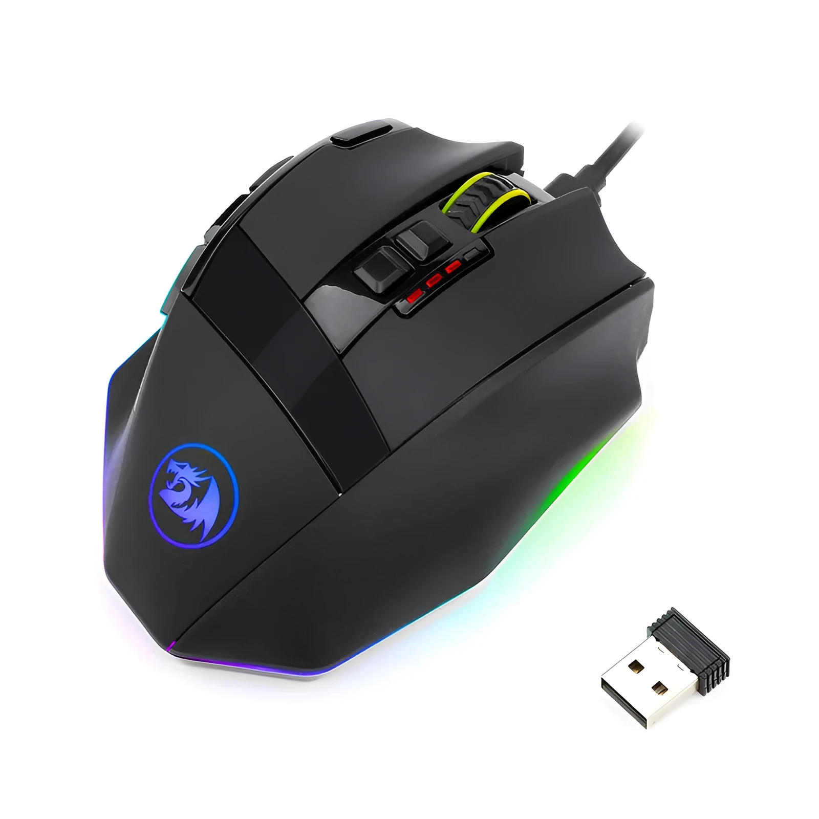Redragon M801P black wireless gaming mouse with ergonomic design and nine buttons
