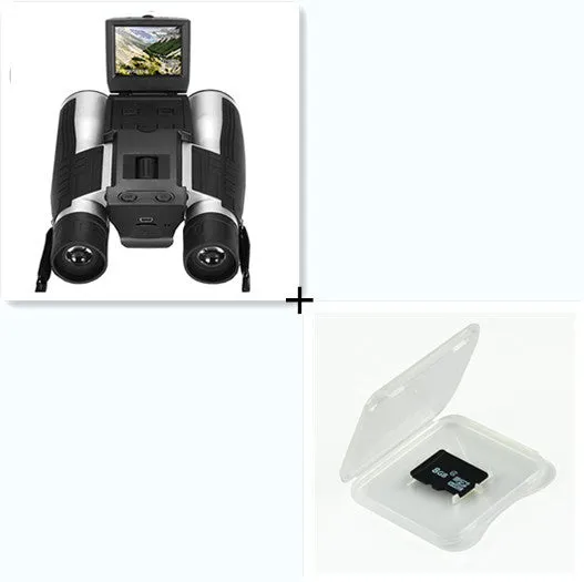 12x32 digital camera binoculars in black with 10x optical zoom, 2.5 inch LCD screen, and nylon waistbag