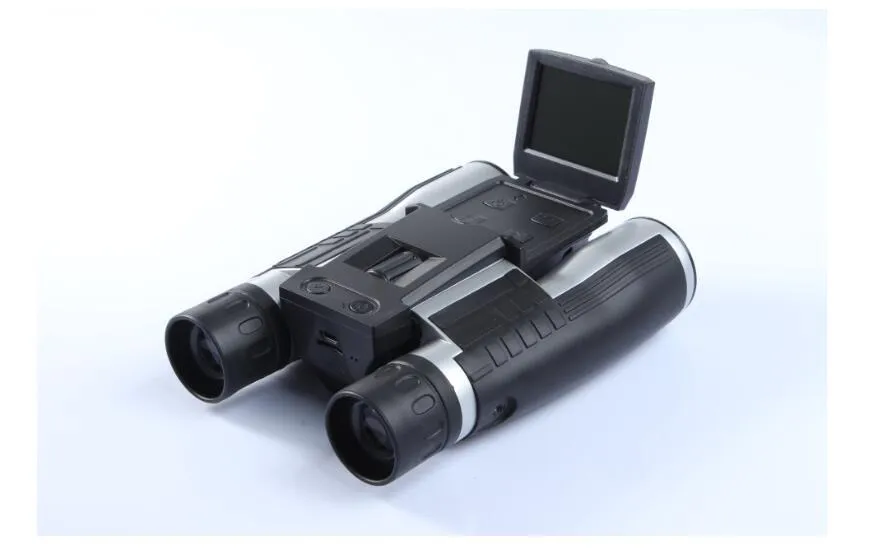 12x32 digital camera binoculars in black with 10x optical zoom, 2.5 inch LCD screen, and nylon waistbag