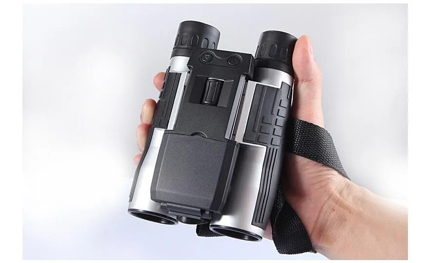 12x32 digital camera binoculars in black with 10x optical zoom, 2.5 inch LCD screen, and nylon waistbag