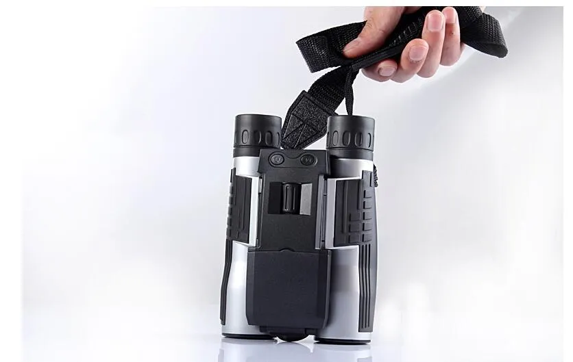 12x32 digital camera binoculars in black with 10x optical zoom, 2.5 inch LCD screen, and nylon waistbag