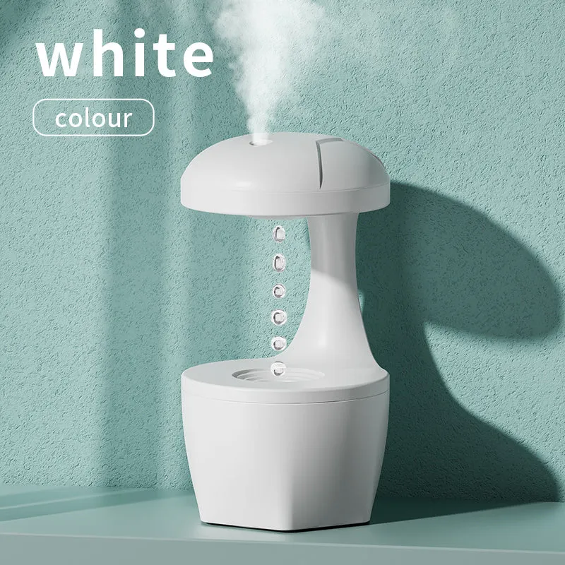 White portable 800ml cool mist USB humidifier with anti-gravity droplet design and aromatherapy for bedroom