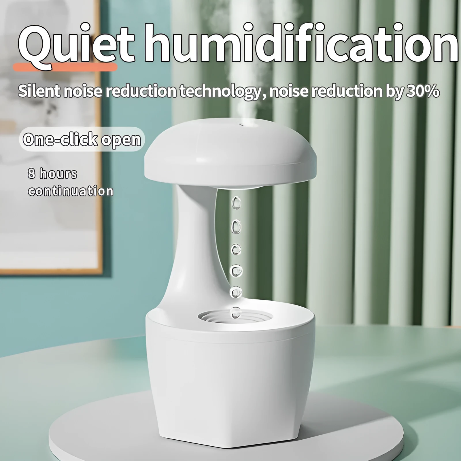 White portable 800ml cool mist USB humidifier with anti-gravity droplet design and aromatherapy for bedroom