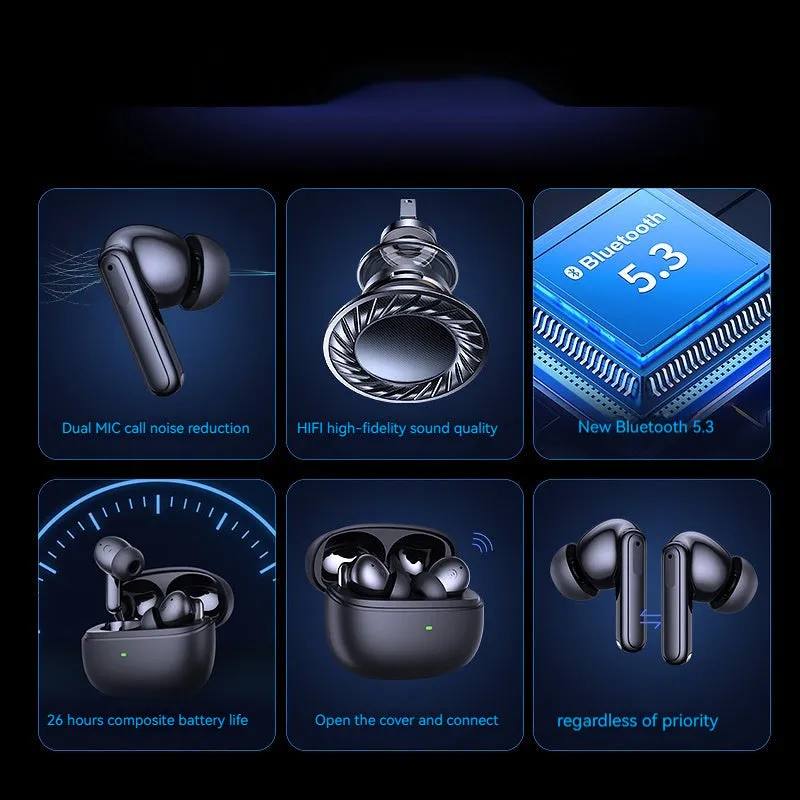 Wireless Bluetooth V5.3 in-ear headphones with ENC noise reduction, white colour, industrial style, digital display charging case