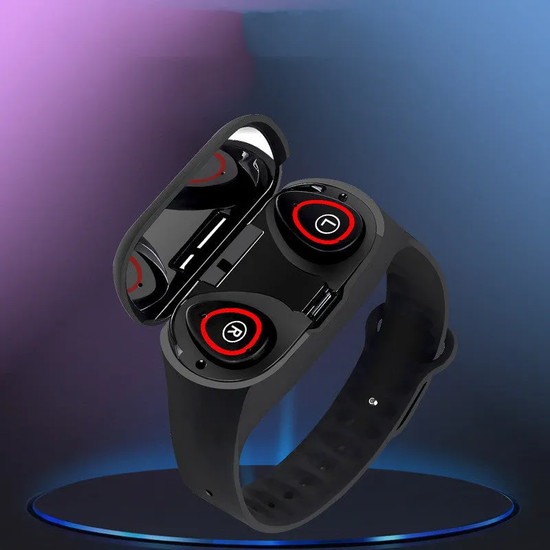 Smart bracelet earphone combo in silicone with 1-inch screen, shown in black, blue, and red colour options.