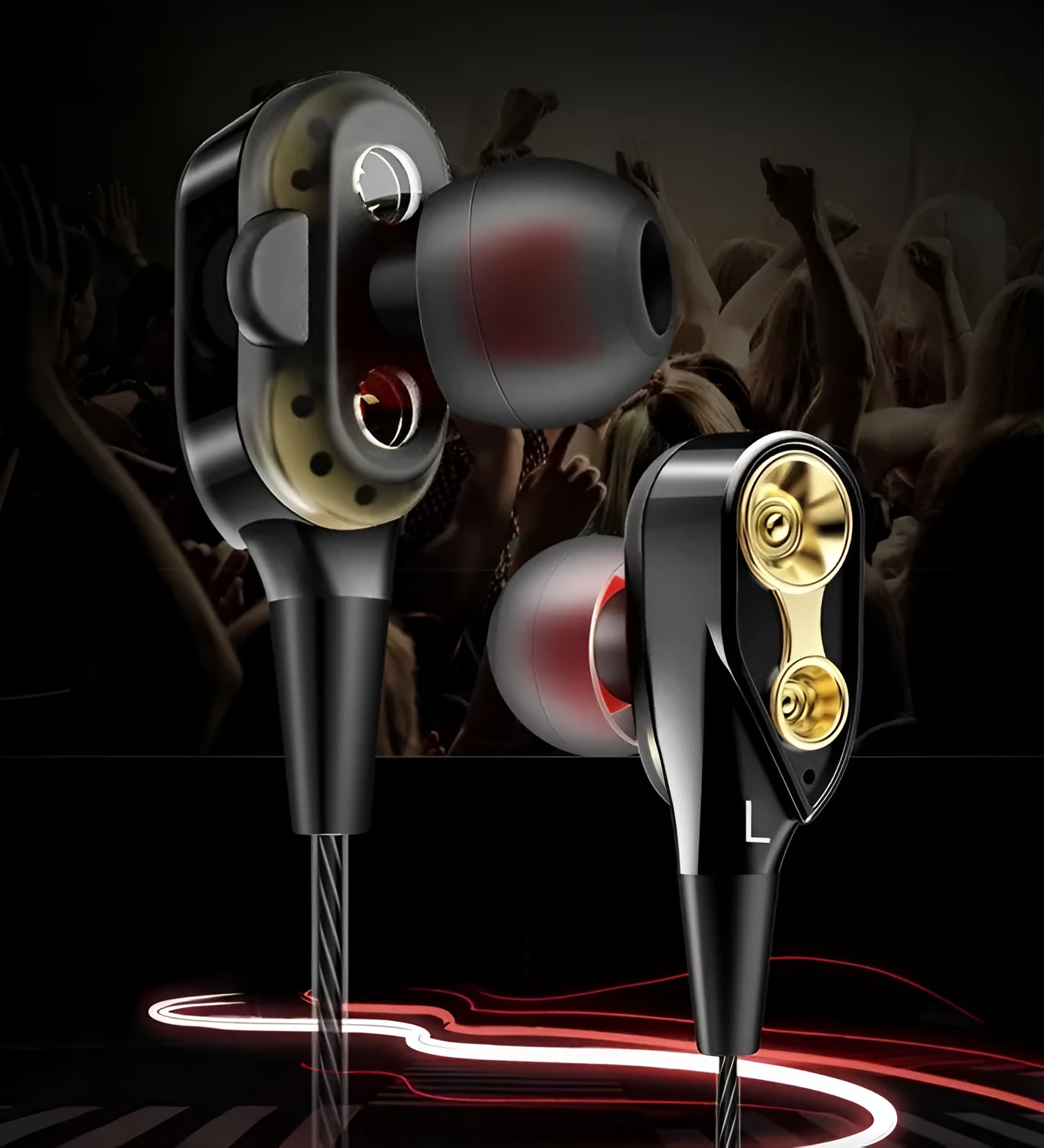 Dynamic in-ear wired headphones in cool black with 120cm cable and OP bag packaging