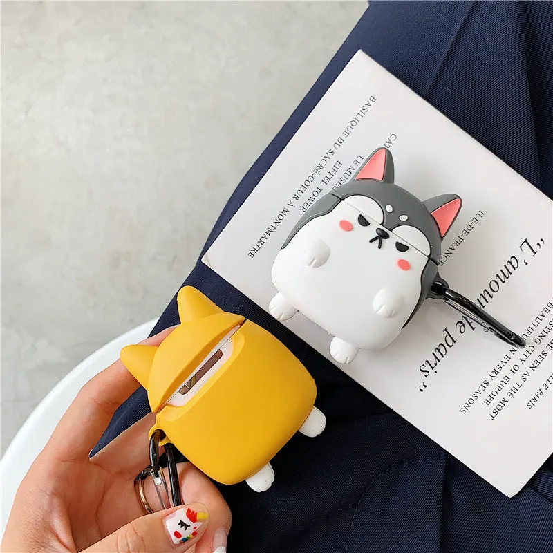 Grey silicone clamshell AirPods case cover with standing Shiba Inu dog design and hook, compatible with AirPods 1st and 2nd generation