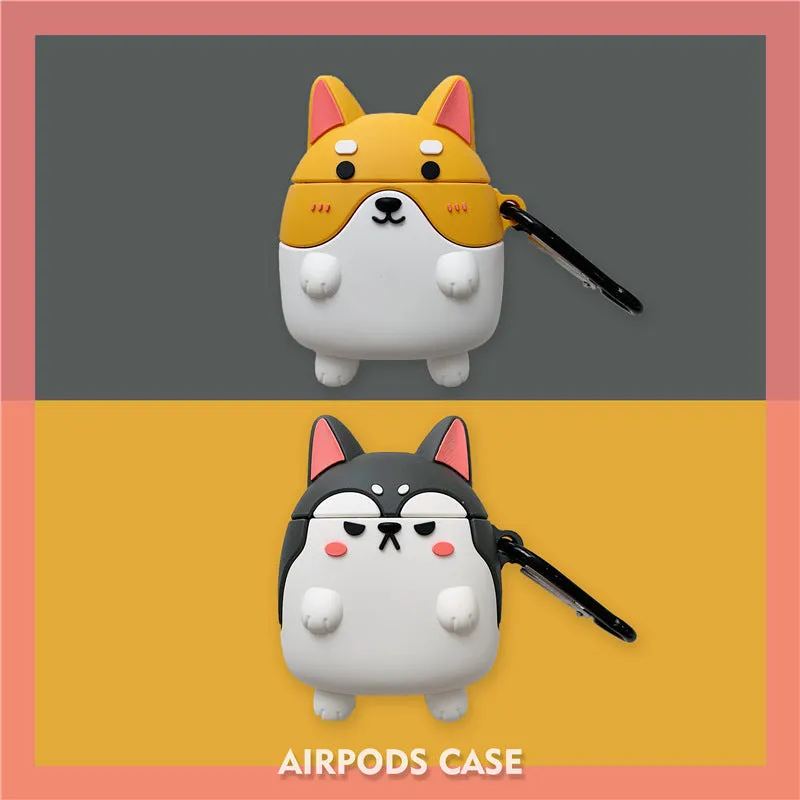 Grey silicone clamshell AirPods case cover with standing Shiba Inu dog design and hook, compatible with AirPods 1st and 2nd generation