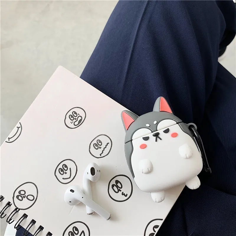 Grey silicone clamshell AirPods case cover with standing Shiba Inu dog design and hook, compatible with AirPods 1st and 2nd generation