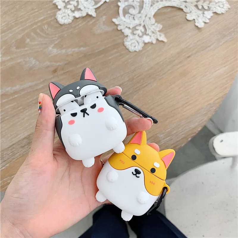Grey silicone clamshell AirPods case cover with standing Shiba Inu dog design and hook, compatible with AirPods 1st and 2nd generation