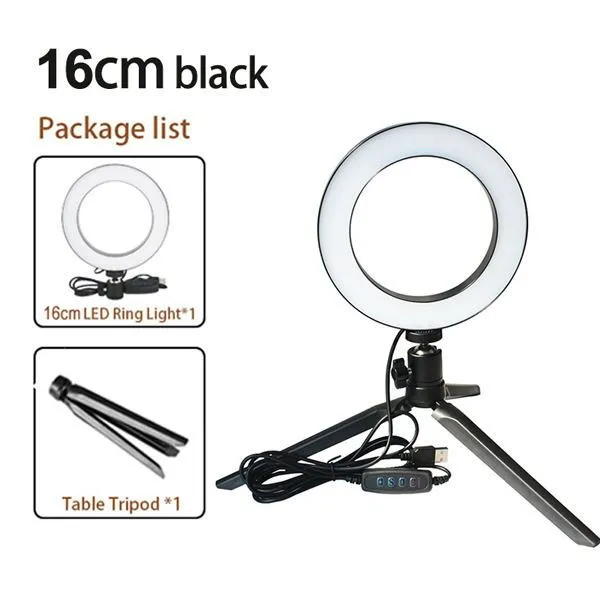 26cm RGB ring light set with tripod, selfie stick, and Bluetooth remote on a desk