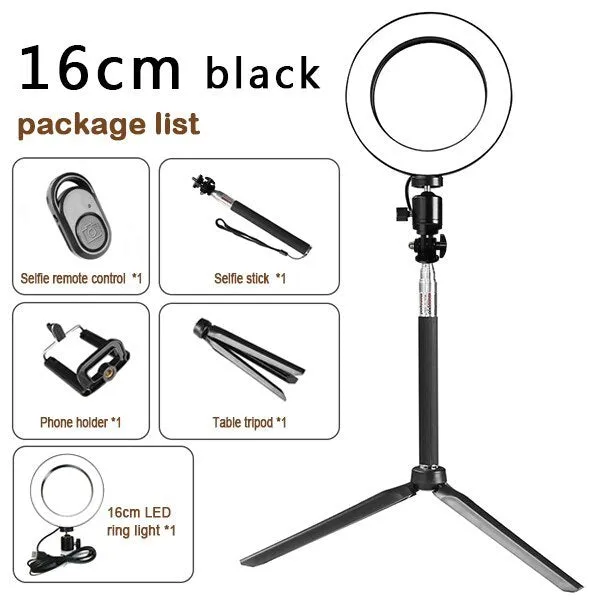 26cm RGB ring light set with tripod, selfie stick, and Bluetooth remote on a desk