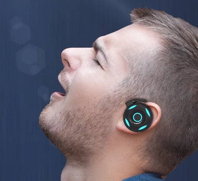 Black and white Bluetooth 5.0 wireless earphones with hanging ear design