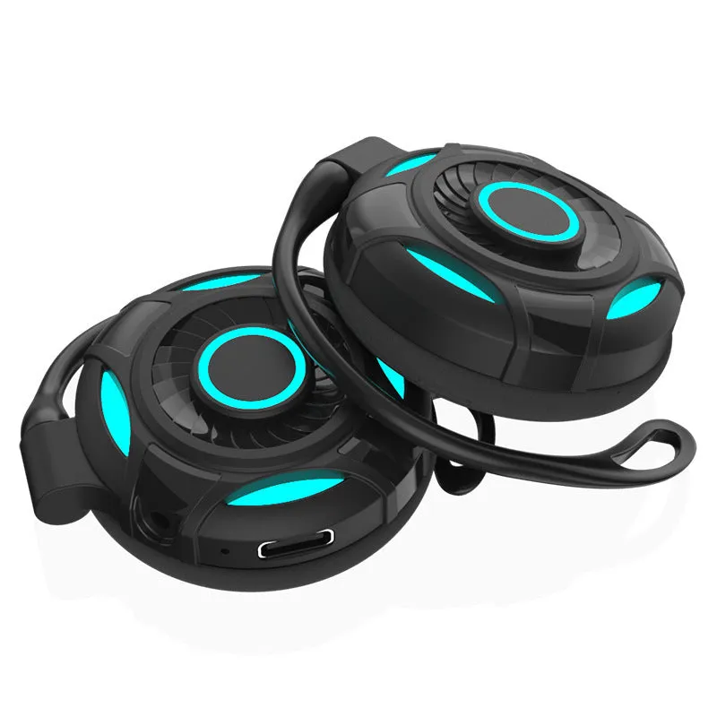 Black and white Bluetooth 5.0 wireless earphones with hanging ear design