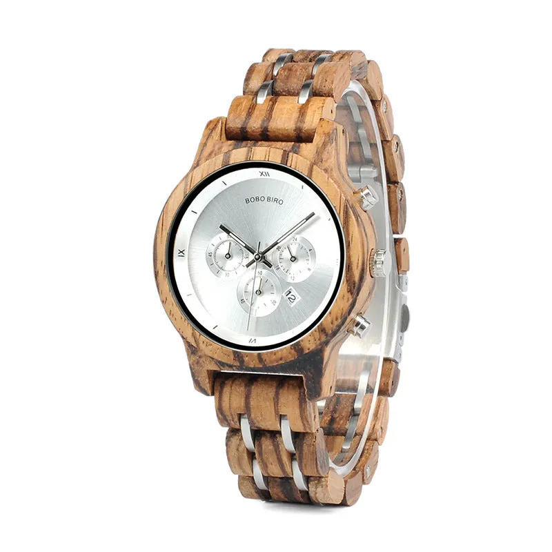 Men's wooden business casual quartz watch with round dial and wood strap