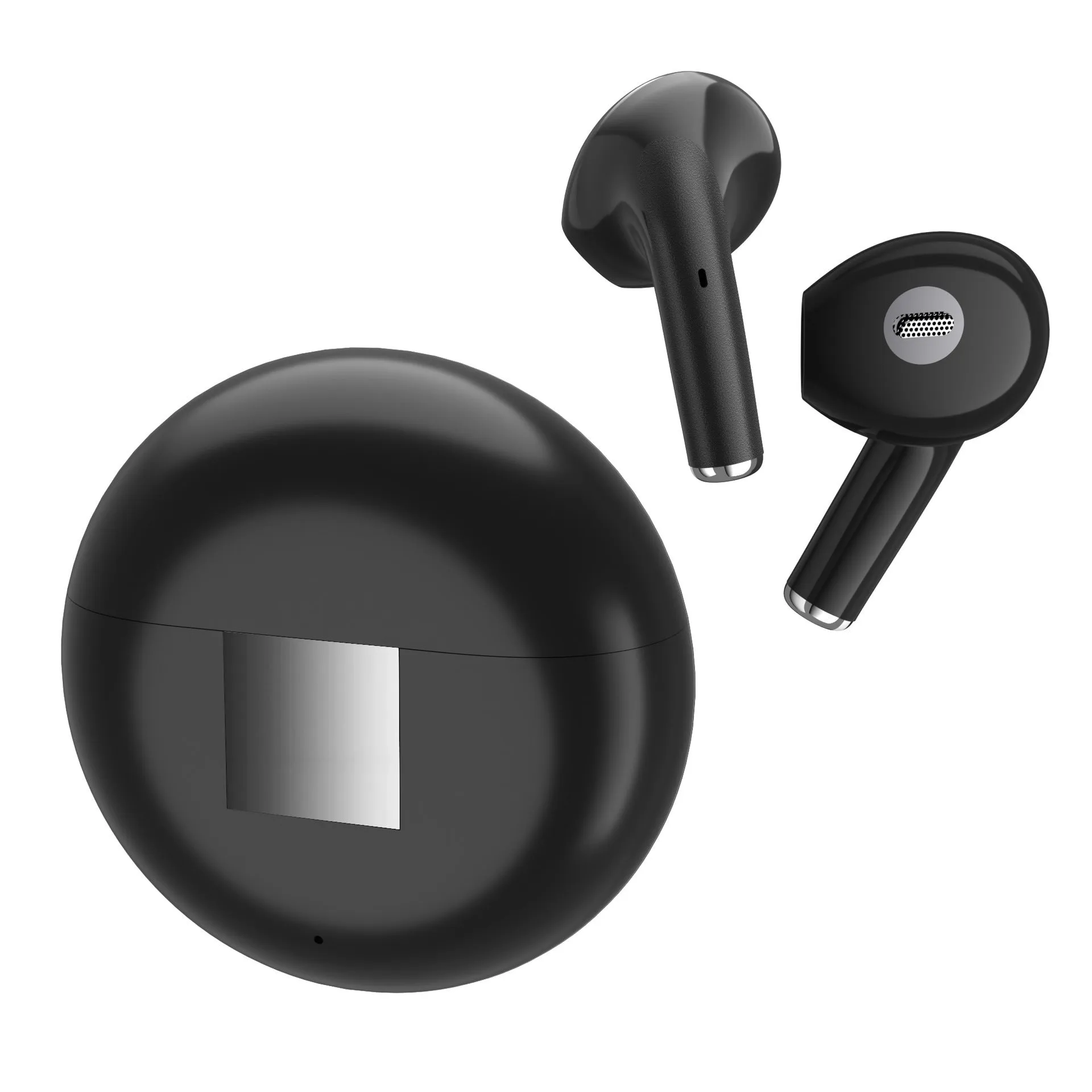 White wireless Bluetooth earbuds with a semi-in-ear design and their matching charging case on a table.