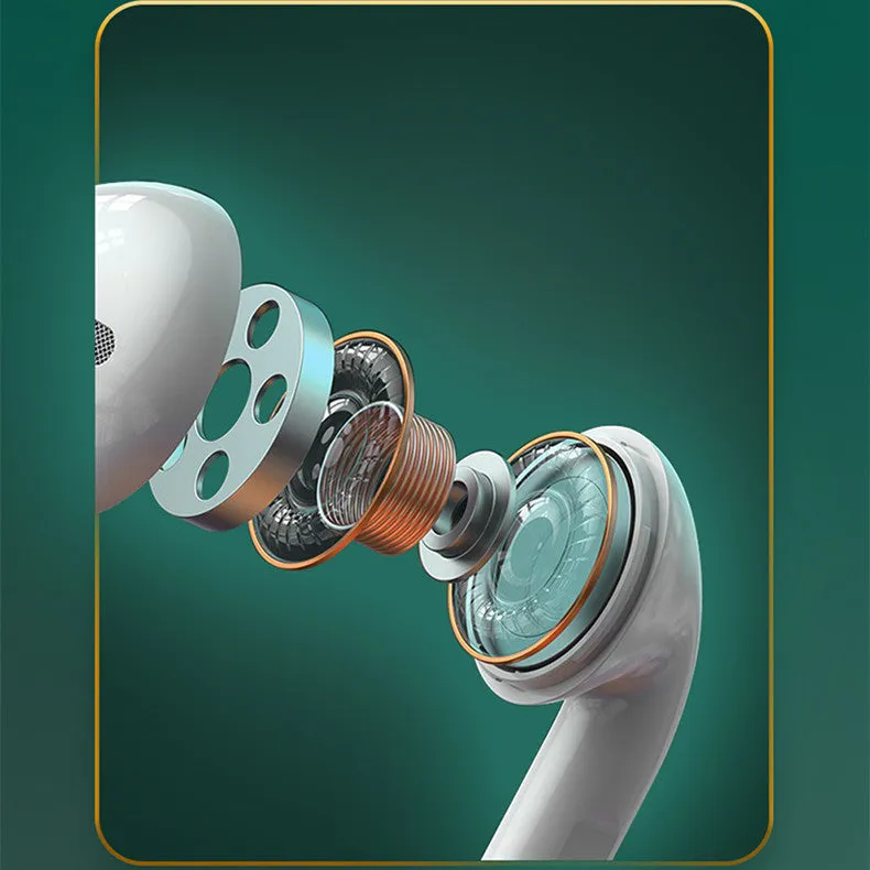 White wireless Bluetooth earbuds with a semi-in-ear design and their matching charging case on a table.