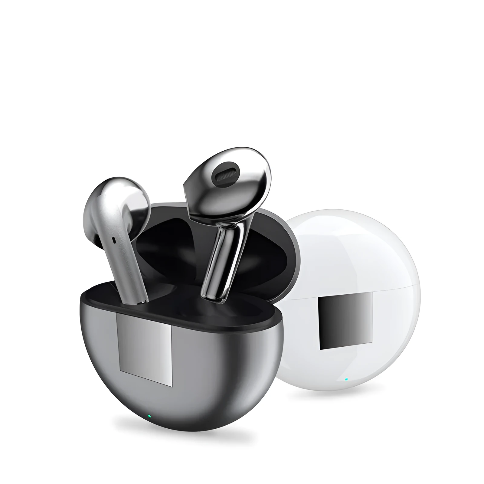 White wireless Bluetooth earbuds with a semi-in-ear design and their matching charging case on a table.