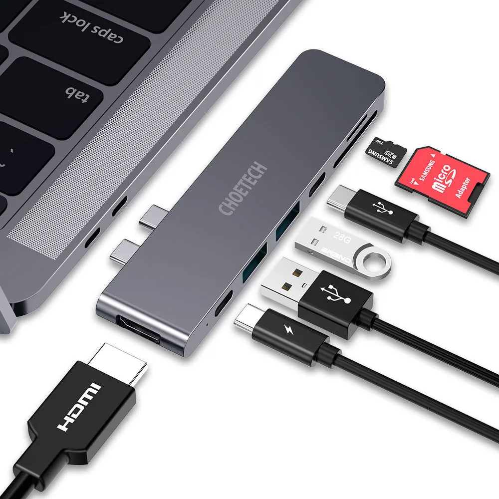 Aluminium USB C hub adapter with SD card reader, HDMI, Thunderbolt 3 and USB 3.0 ports