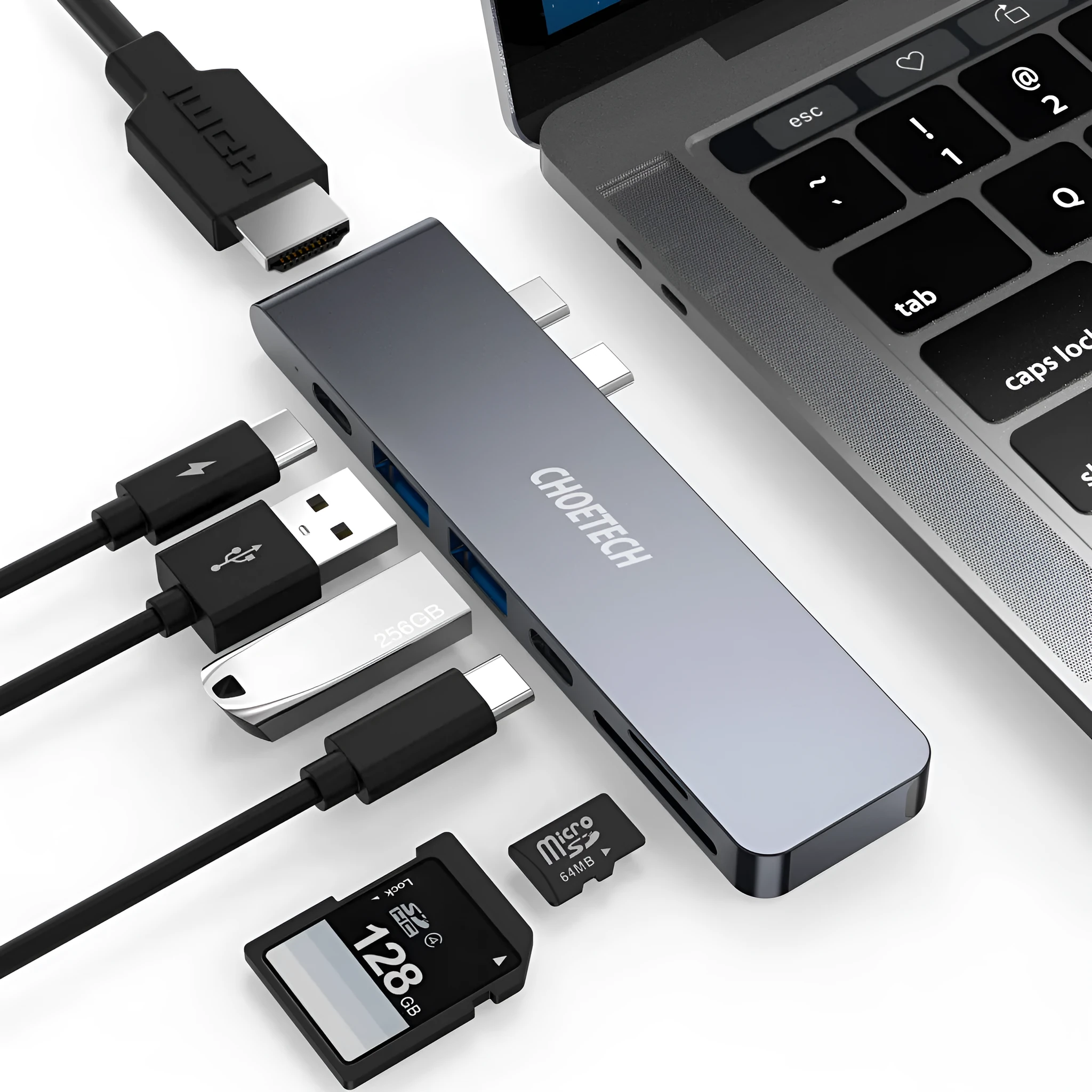 Aluminium USB C hub adapter with SD card reader, HDMI, Thunderbolt 3 and USB 3.0 ports