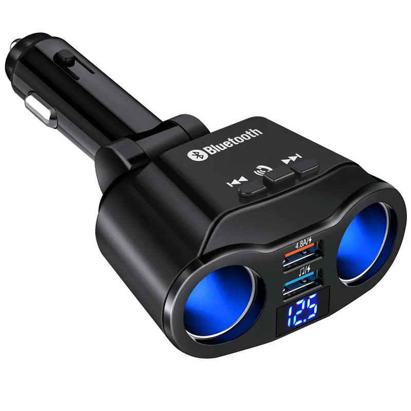 Car Bluetooth FM transmitter and USB charger unit for cigarette lighter socket in black finish.