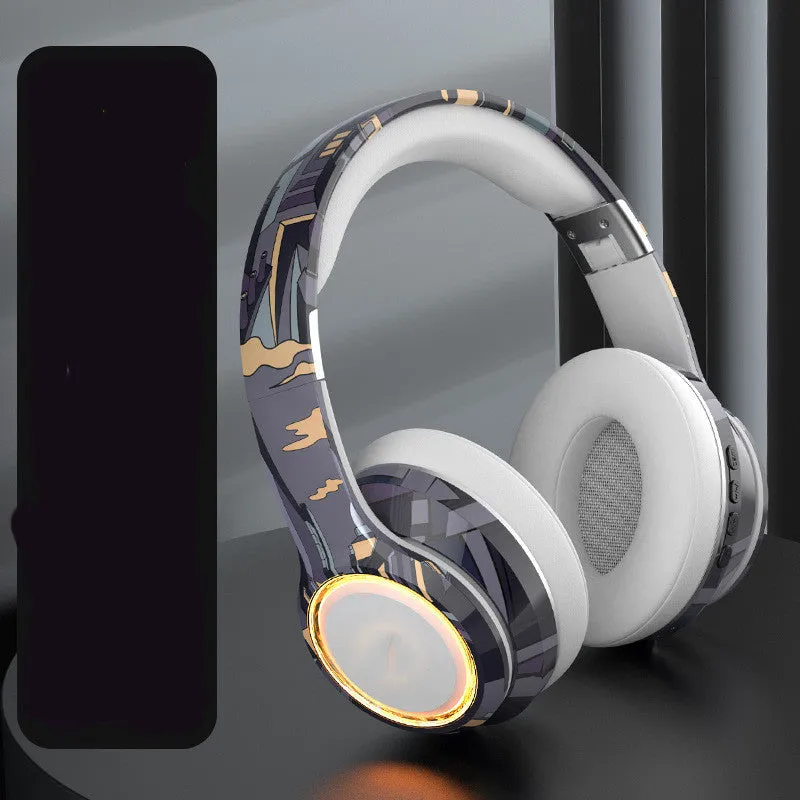 Bluetooth headphones 5.2 head worn with pluggable illumination in black, grey, and white options