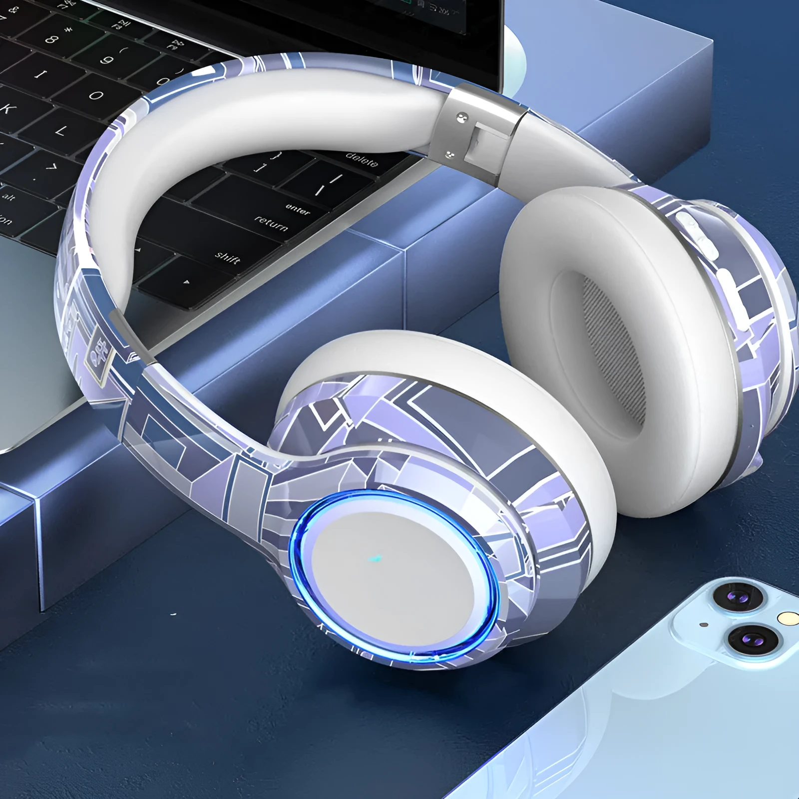 Bluetooth headphones 5.2 head worn with pluggable illumination in black, grey, and white options