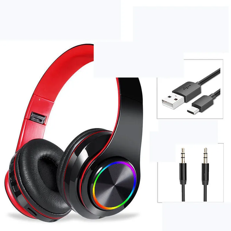 LED wireless Bluetooth headphones with 7-color breathing light and padded headband in black