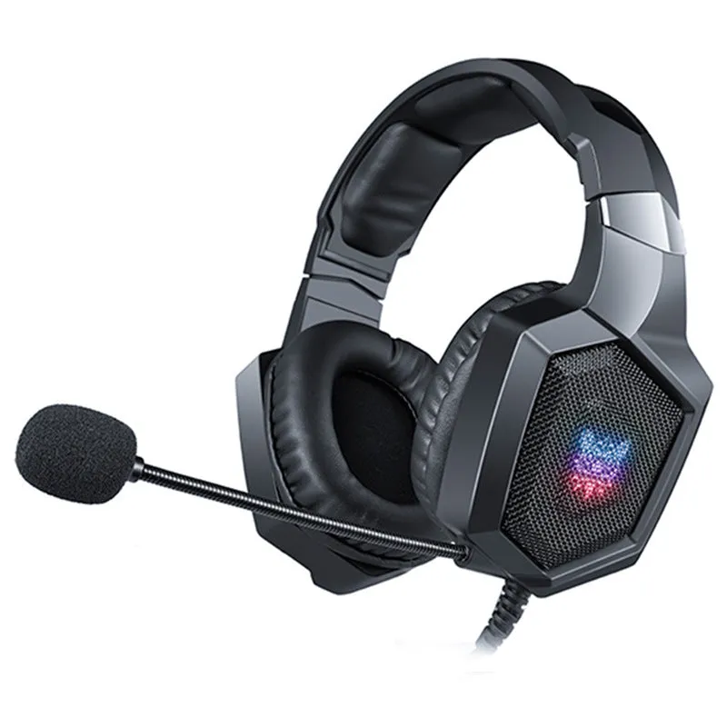 Black wired gaming headset with luminous LED lights and 3.5mm plug for PC computers