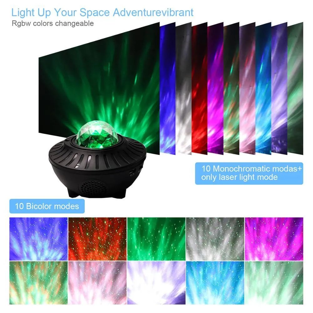 LED Bluetooth music projector light with starry sky effect, green laser, remote control, and USB cable